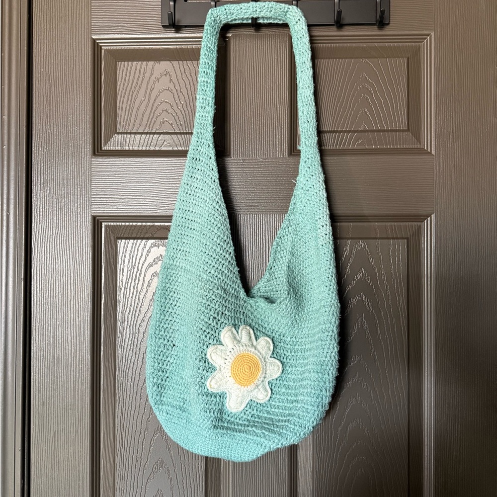 Crochet Shoulder Bag - Teal with Daisy